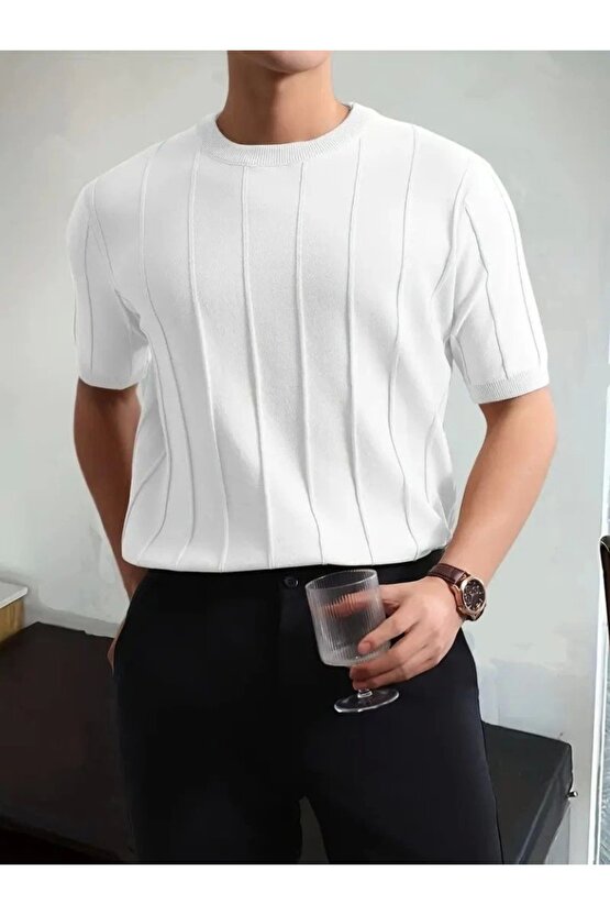 Erkek Kısa Kollu Bisiklet Yaka çizgili Triko Tshirt