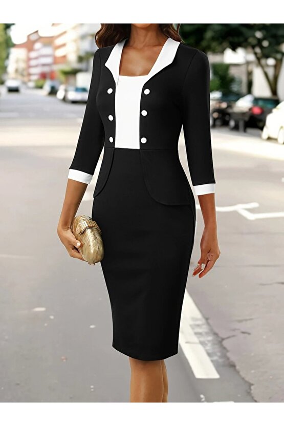 EQURİ Kadın Truvakar Kol çift Renkli Düğmeli Kısa Ithal Krep Elbise