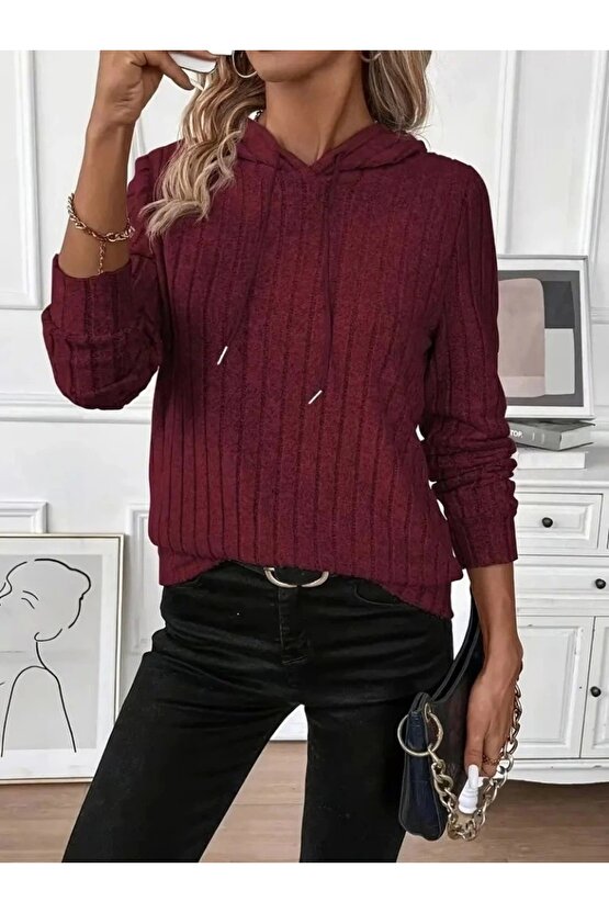 Kadın Uzun Kollu Kapşonlu Bağcıklı şardonlu Kaşkorse Bluz