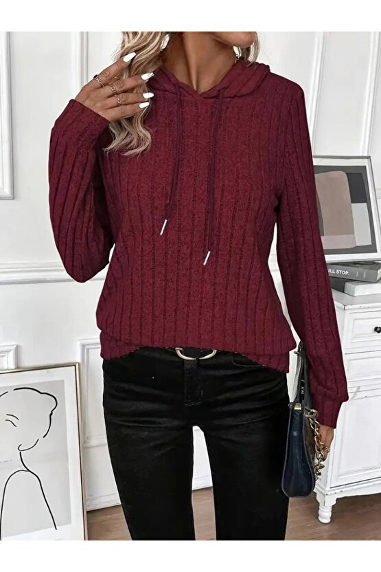 Kadın Uzun Kollu Kapşonlu Bağcıklı şardonlu Kaşkorse Bluz