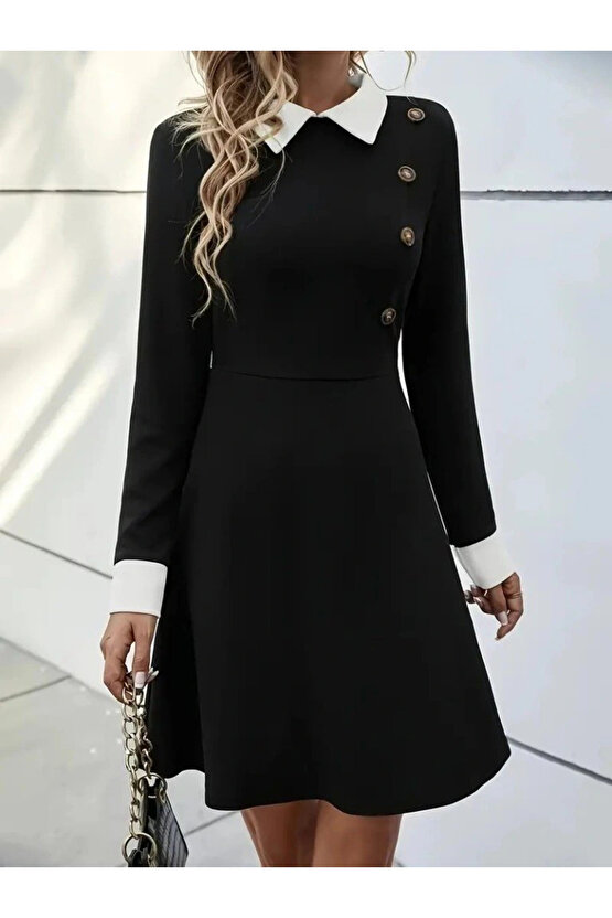 Kadın Uzun Kollu Yakalı Düğmeli Kısa Modal Mini Elbise