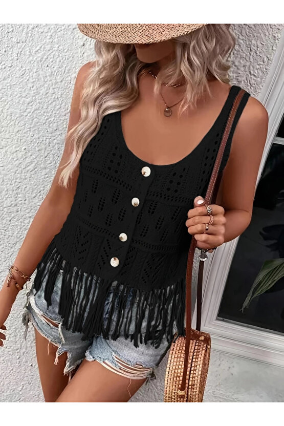 Kadın askılı yuvarlak yaka önden düğmeli püsküllü triko bluz