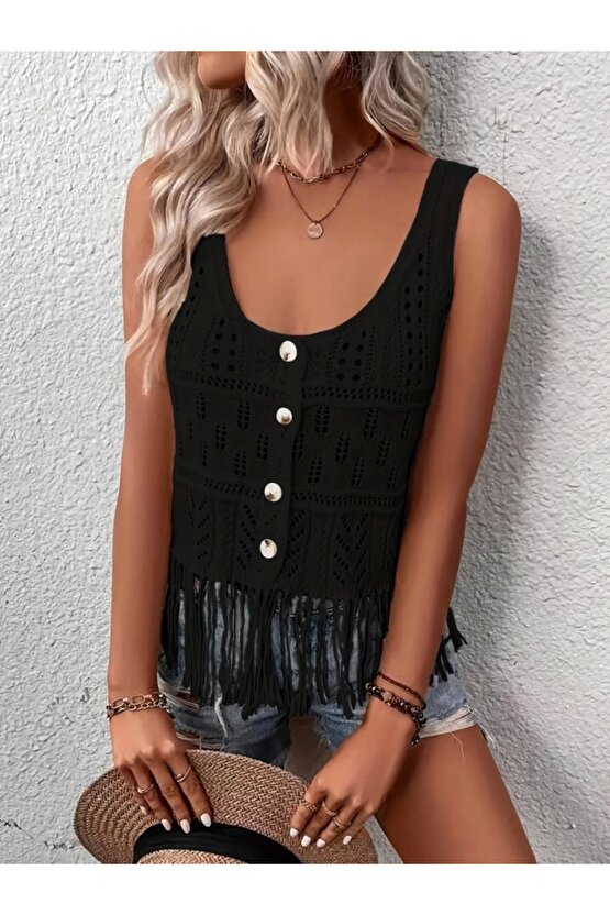 Kadın askılı yuvarlak yaka önden düğmeli püsküllü triko bluz