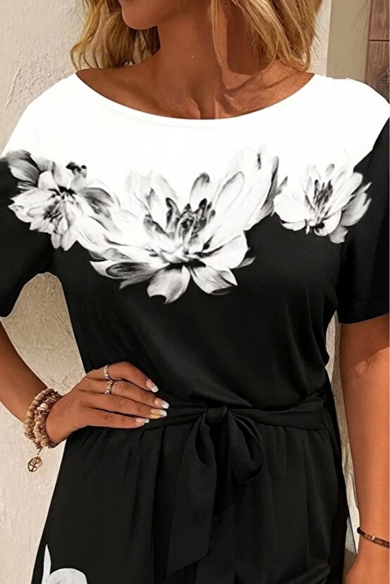 Kadın Tek Omuzu Açık çiçek Desenli Beli Kuşaklı Iki Iplik Mini Short Tulum