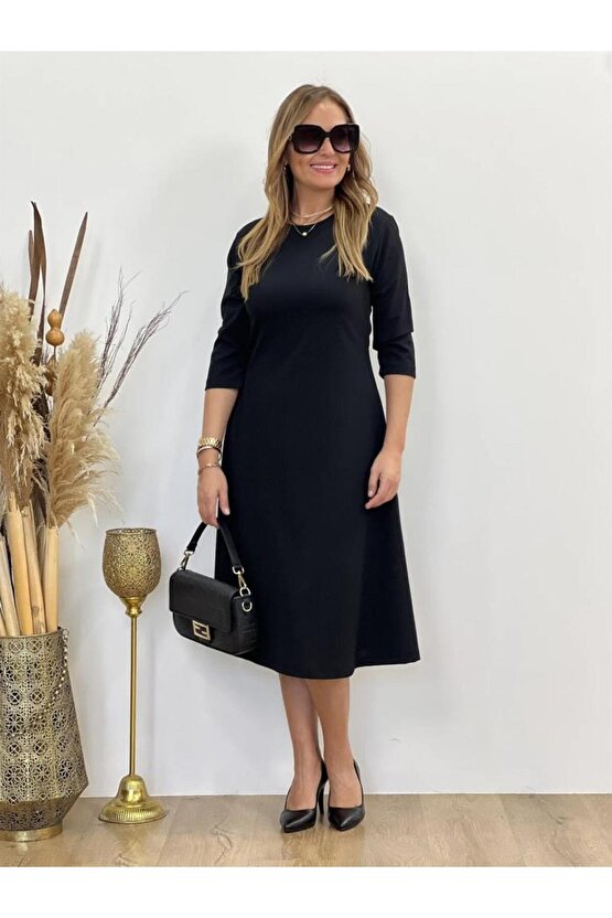 Kadın Uzun Truvakar Kol Bisiklet Yaka Midi Modal Elbise