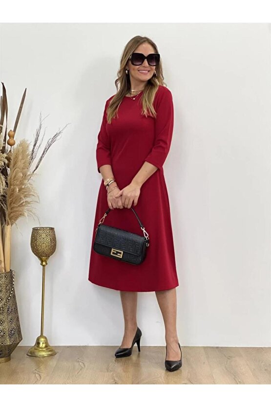Kadın Uzun Truvakar Kol Bisiklet Yaka Midi Modal Elbise