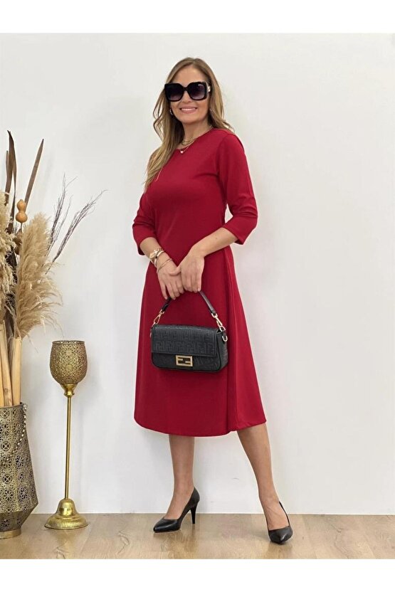 Kadın Uzun Truvakar Kol Bisiklet Yaka Midi Modal Elbise