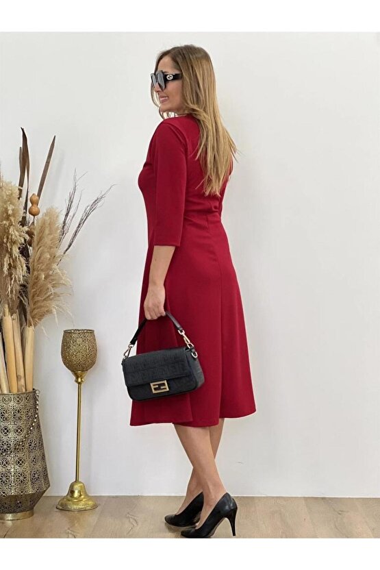 Kadın Uzun Truvakar Kol Bisiklet Yaka Midi Modal Elbise