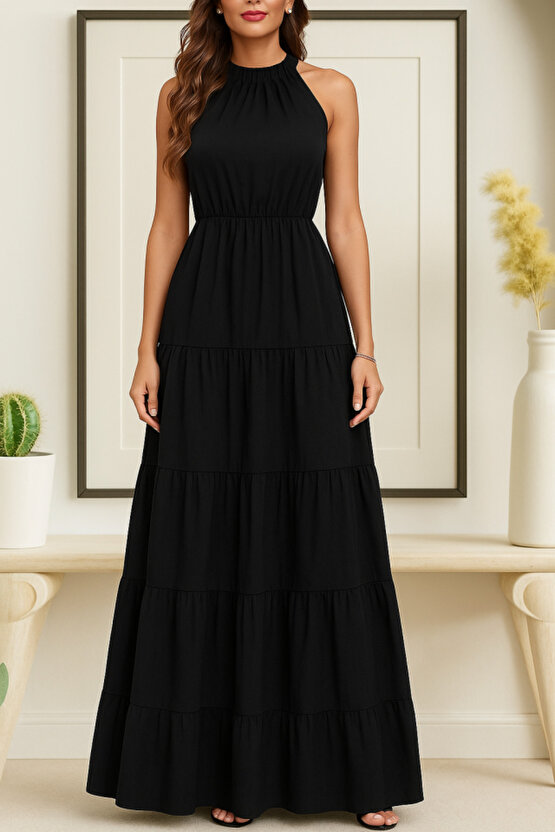 EQURİ Kadın Kolsuz Halter Yaka Beli Lastiklidesenli Mikro Elbise