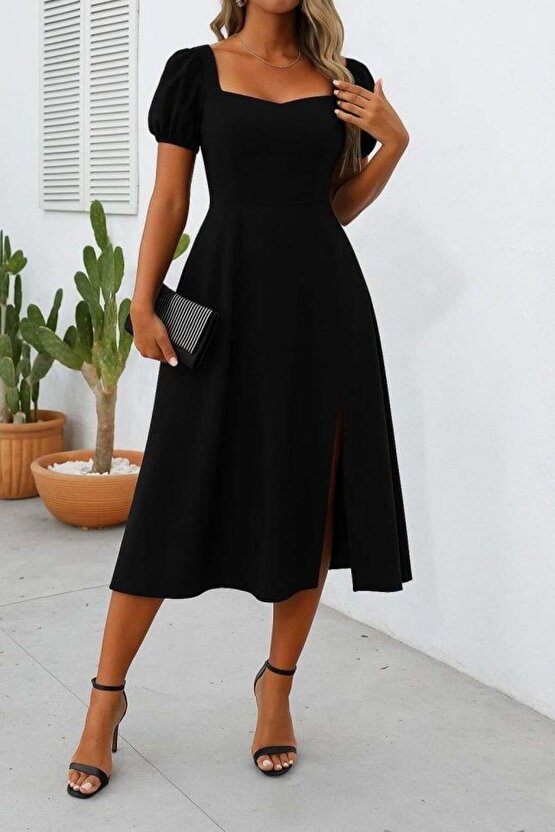 Kadın Kısa Kollu Kare Yakalı Yırtmaçlı Midi Janjan Krep Elbise