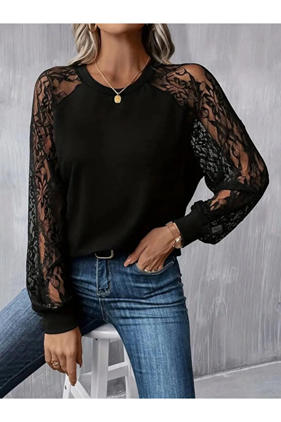 Kadın Uzun Dantel Kollu Bisiklet Yaka Viskon Bluz