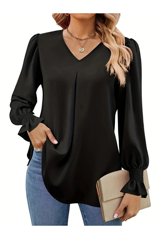 Kadın Uzun Kollu V Yakalı Salaş Ithal Krep Bluz