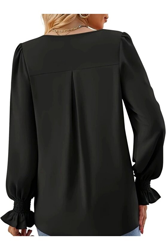 Kadın Uzun Kollu V Yakalı Salaş Ithal Krep Bluz