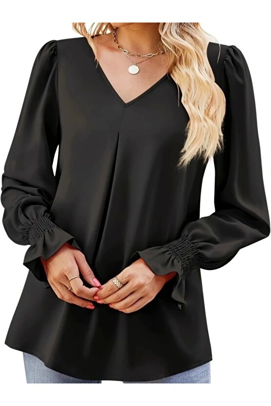 Kadın Uzun Kollu V Yakalı Salaş Ithal Krep Bluz