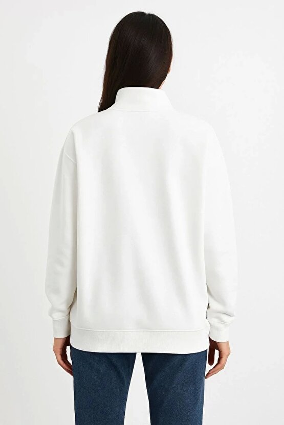 Kadın Üç İplik Dık Yaka Yarım Fermuarlı SweatShirt - Beyaz