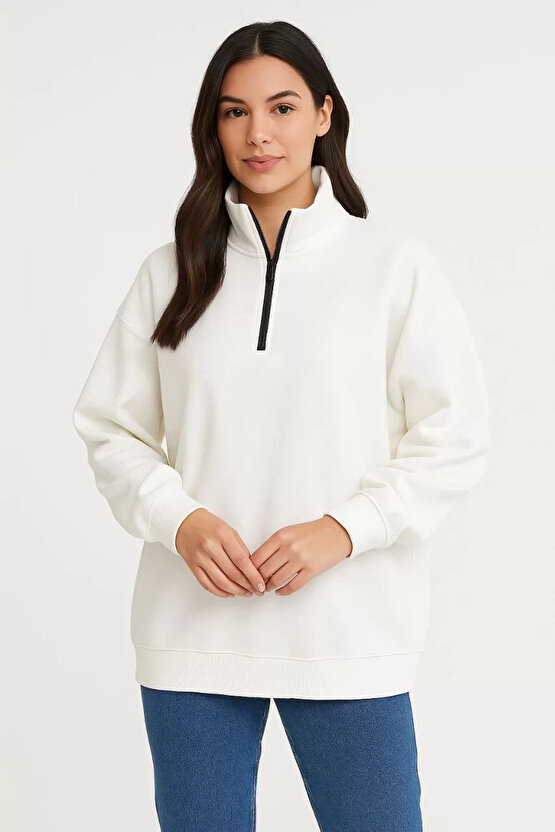 Kadın Üç İplik Dık Yaka Yarım Fermuarlı SweatShirt - Beyaz