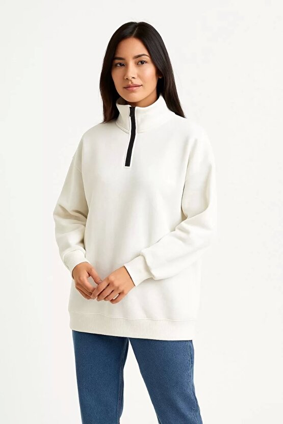 Kadın Üç İplik Dık Yaka Yarım Fermuarlı SweatShirt - Beyaz