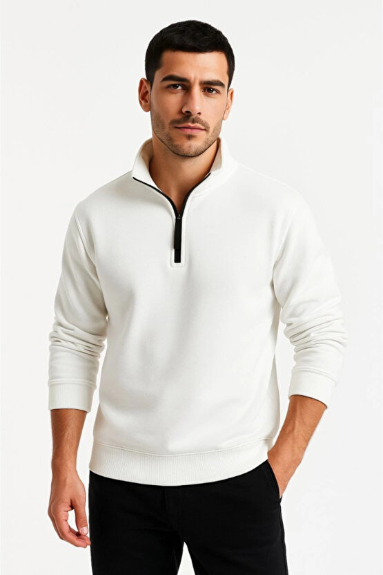EQURİ Erkek Dik Yaka Sweatshirt Dik Yaka Yarım Fermuarlı 3 İplik Şardonlu Pamuk Kumaş - Beyaz