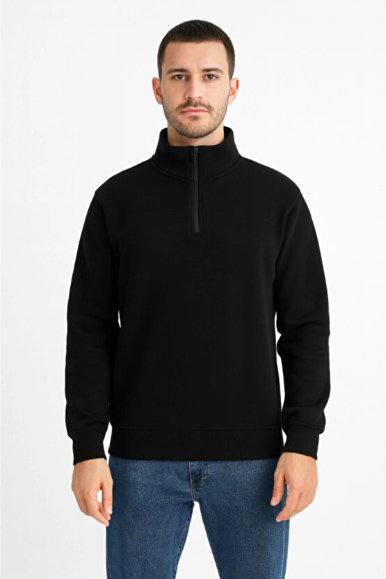 EQURİ Erkek Dik Yaka Sweatshirt Dik Yaka Yarım Fermuarlı 3 İplik Şardonlu Pamuk Kumaş - Siyah