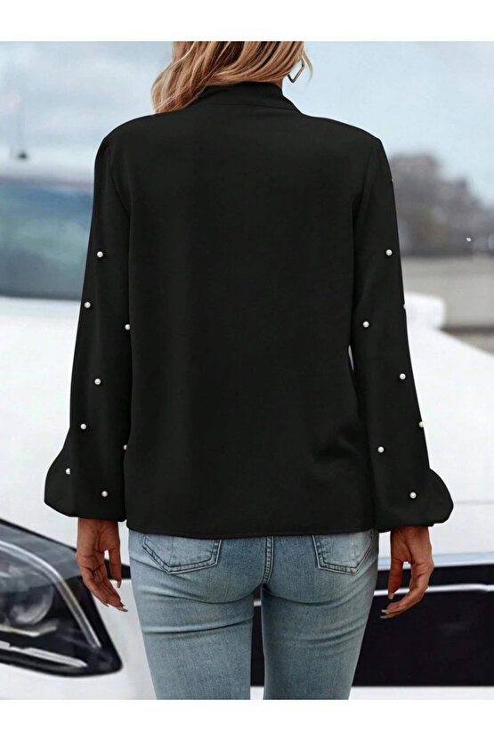 Kadın Uzun Kollu Yakadan Fiyonklu Incili Ithal Krep Bluz