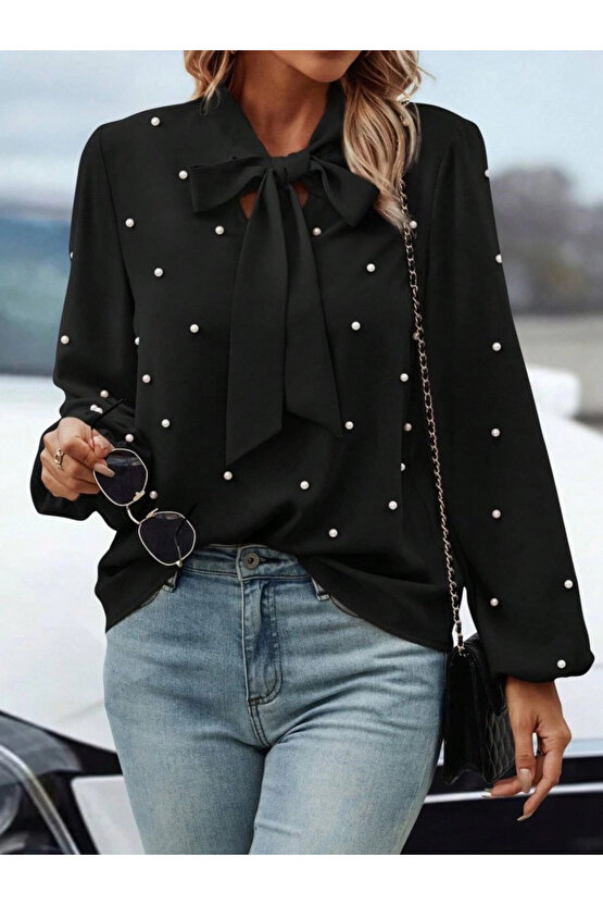 Kadın Uzun Kollu Yakadan Fiyonklu Incili Ithal Krep Bluz