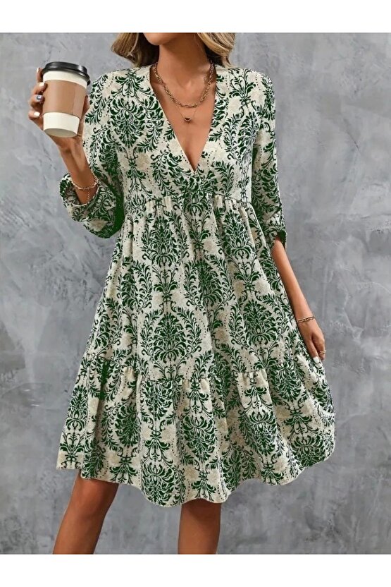 Kadın Uzun Kollu V Yakalı Fırfırlı Mini Süprem Elbise