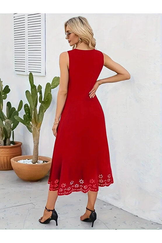 Kadın Kolsuz Etek Ucu Lazer Kesim çiçek Desenli Midi Boy Ithal Krep Elbise