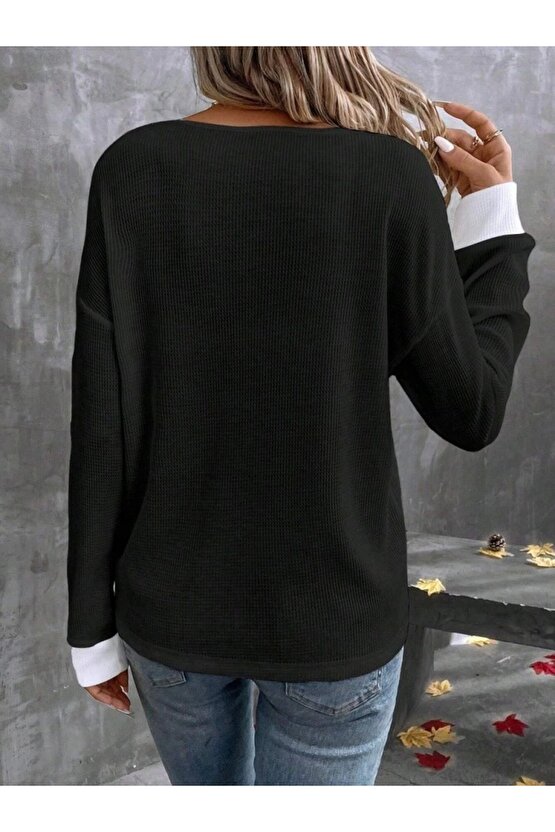 Kadın Uzun Kollu V Yakalı Waffle Bluz