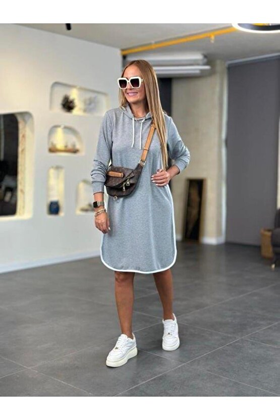 Kadın Uzun Kollu Kapüşon Ve Ribana Detay Diz üstü Elbise