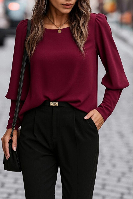 MDB Kadın Uzun Kollu Yuvarlak Yakalı Düğmeli Ithal Krep Bluz