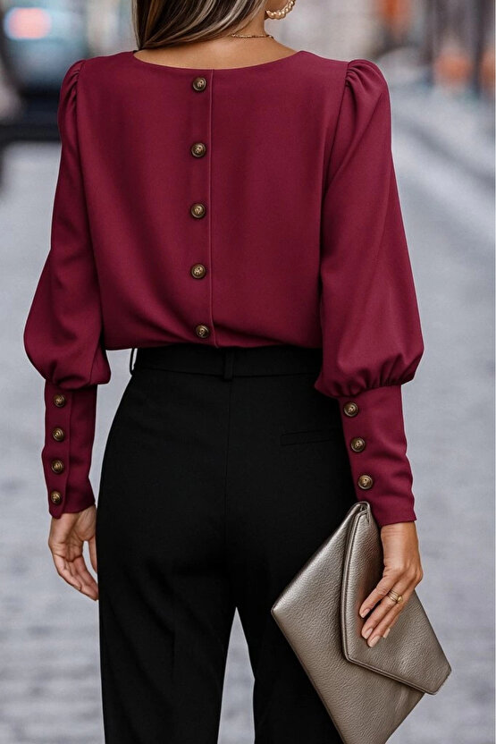 MDB Kadın Uzun Kollu Yuvarlak Yakalı Düğmeli Ithal Krep Bluz