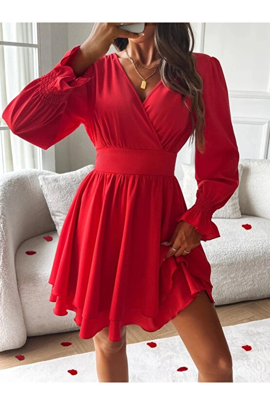 Kadın Uzun Kollu Kruvaze Yakalı Mini Sandy Elbise