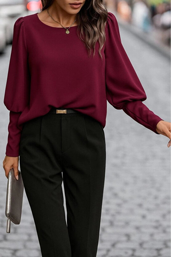 MDB Kadın Uzun Kollu Yuvarlak Yakalı Düğmeli Ithal Krep Bluz