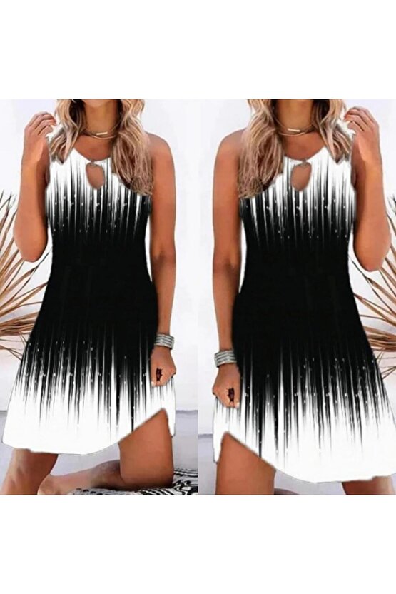 Kadın Yaka Damla Dekolteli Siyah Beyaz Desenli Dalgıç Elbise