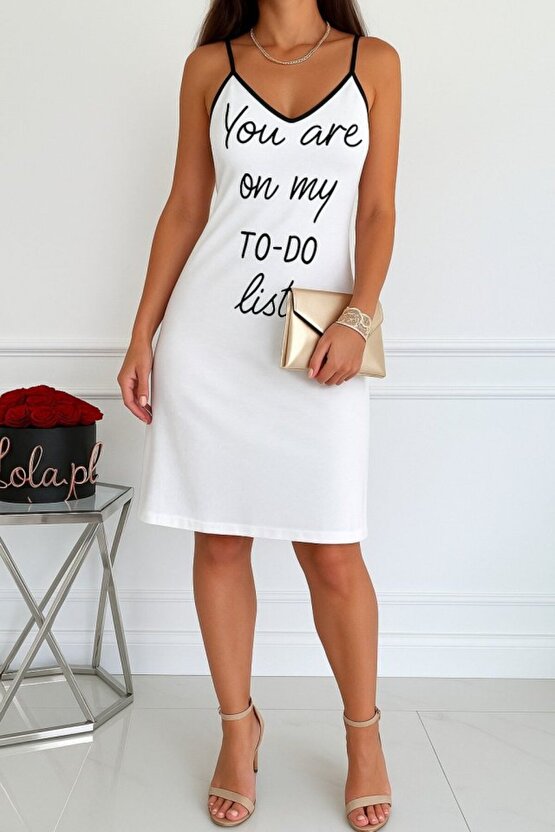 EQURİ Kadın Kolsuz Askılı Sırt çapraz Detay To Do List Baskı Süprem Gecelik Elbise