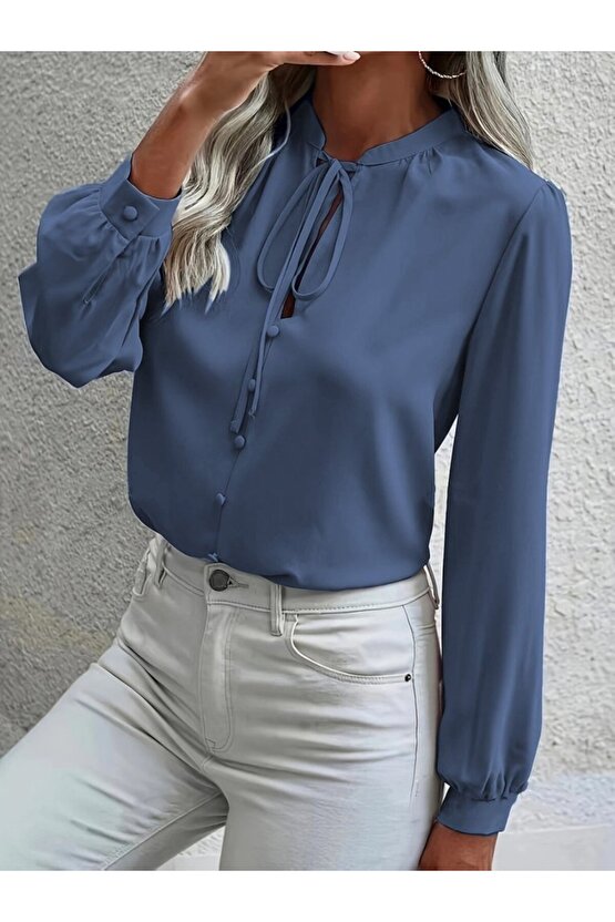 EQURİ Kadın Uzun Kollu Yakalı Yakadan Bağcıklı Düğmeli Sandy Bluz