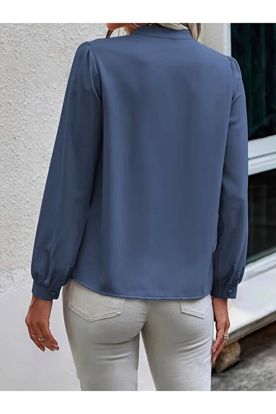 EQURİ Kadın Uzun Kollu Yakalı Yakadan Bağcıklı Düğmeli Sandy Bluz