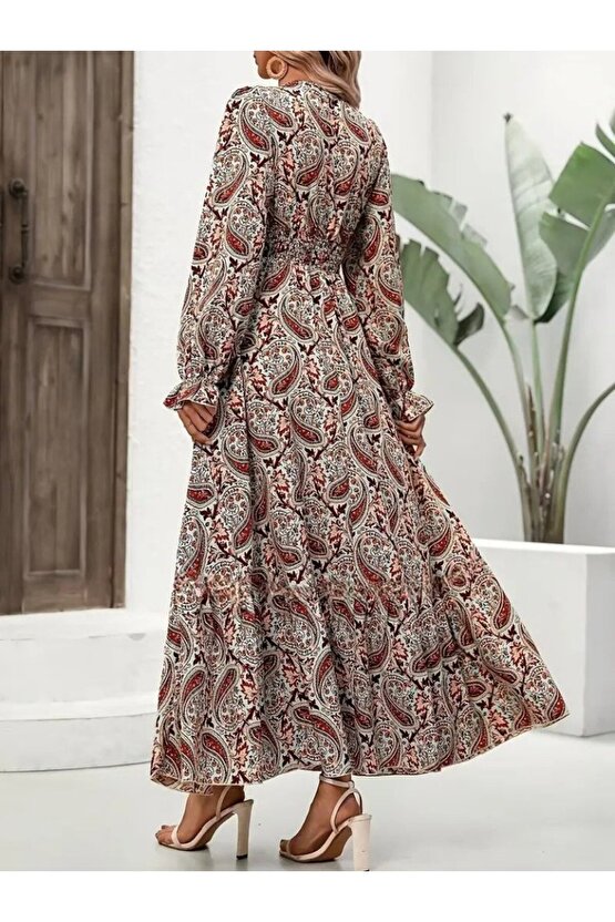 EQURİ Kadın Uzun Kollu V Yakalı Beli Lastikli Desenli Süprem Elbise