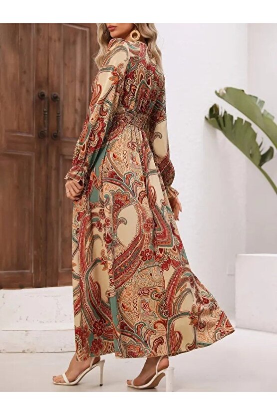 EQURİ Kadın Uzun Kollu V Yakalı Beli Lastikli Desenli Süprem Elbise