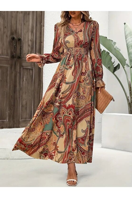 EQURİ Kadın Uzun Kollu V Yakalı Beli Lastikli Desenli Süprem Elbise