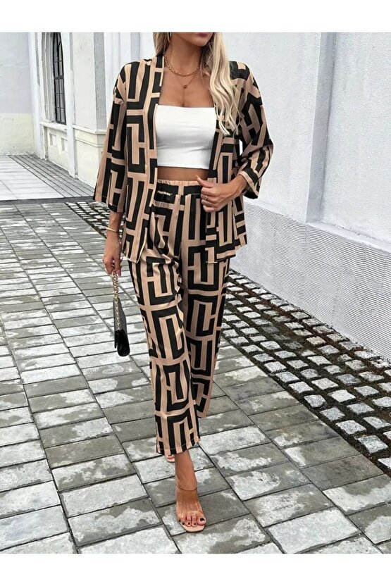 EQURİ Kadın Uzun Kollu önü Açık Desenli Iki Iplik Ceket Ve Pantolon Ikili Takım