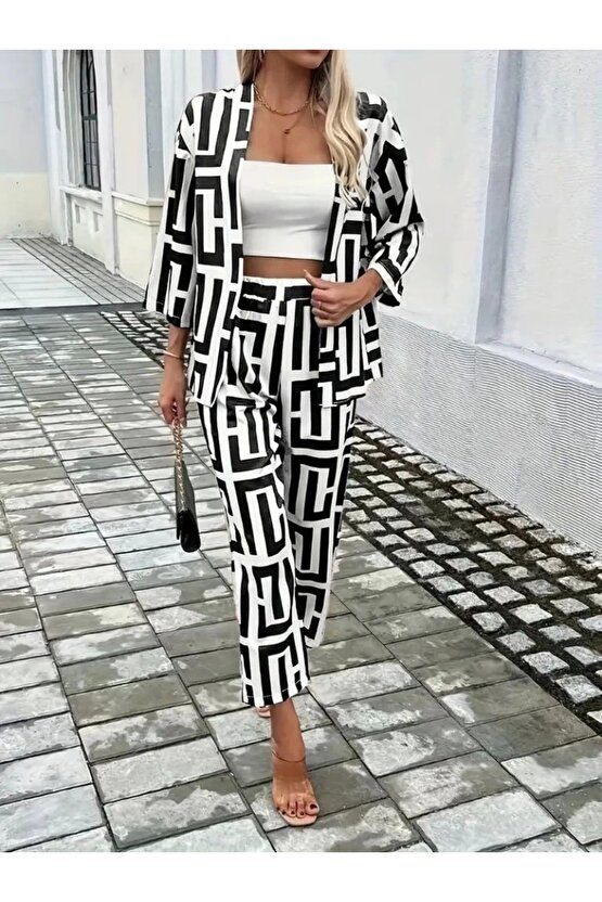 Kadın Uzun Kollu önü Açık Desenli Iki Iplik Ceket Ve Pantolon Ikili Takım