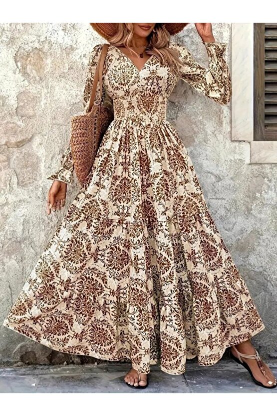 EQURİ Kadın Uzun Kollu V Yakalı Desenli Süprem Elbise