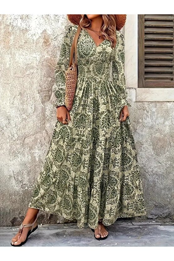 EQURİ Kadın Uzun Kollu V Yakalı Desenli Süprem Elbise