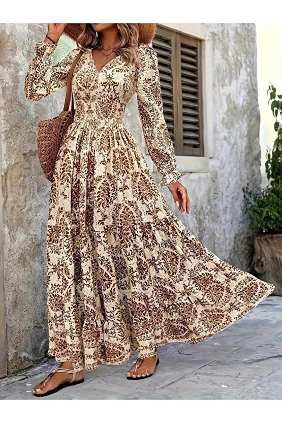 EQURİ Kadın Uzun Kollu V Yakalı Desenli Süprem Elbise