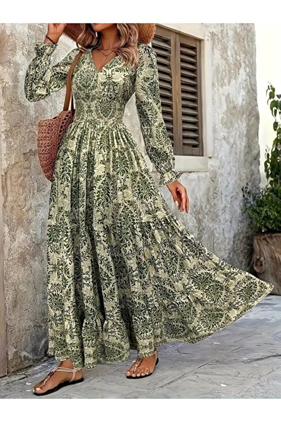 EQURİ Kadın Uzun Kollu V Yakalı Desenli Süprem Elbise