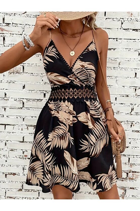 EQURİ Kadın Ip Askılı Kruvaze Yakalı Desenli Mini Süprem Mini Elbise