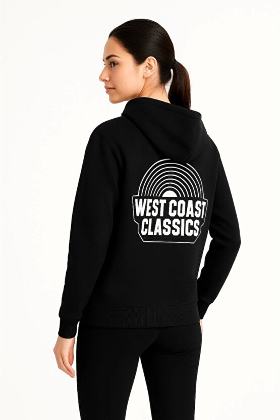 EQURİ Üç İplik Kapüşonlu Ön Ve Arka Baskılı SweatShirt Hoodie - Siyah