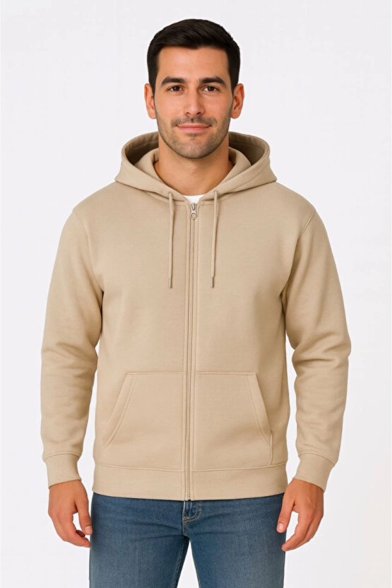 EQURİ Erkek Üç İplik Kapüşonlu Tam Fermuarlı Kanguru Çepli SweatShirt Hoodie - Bej