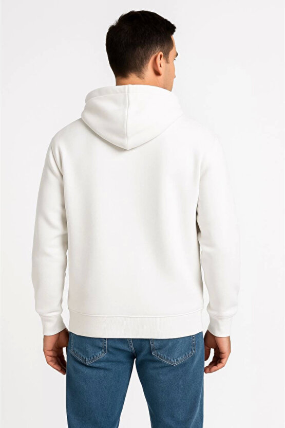 EQURİ Erkek Üç İplik Kapüşonlu Tam Fermuarlı Kanguru Çepli SweatShirt Hoodie - Beyaz